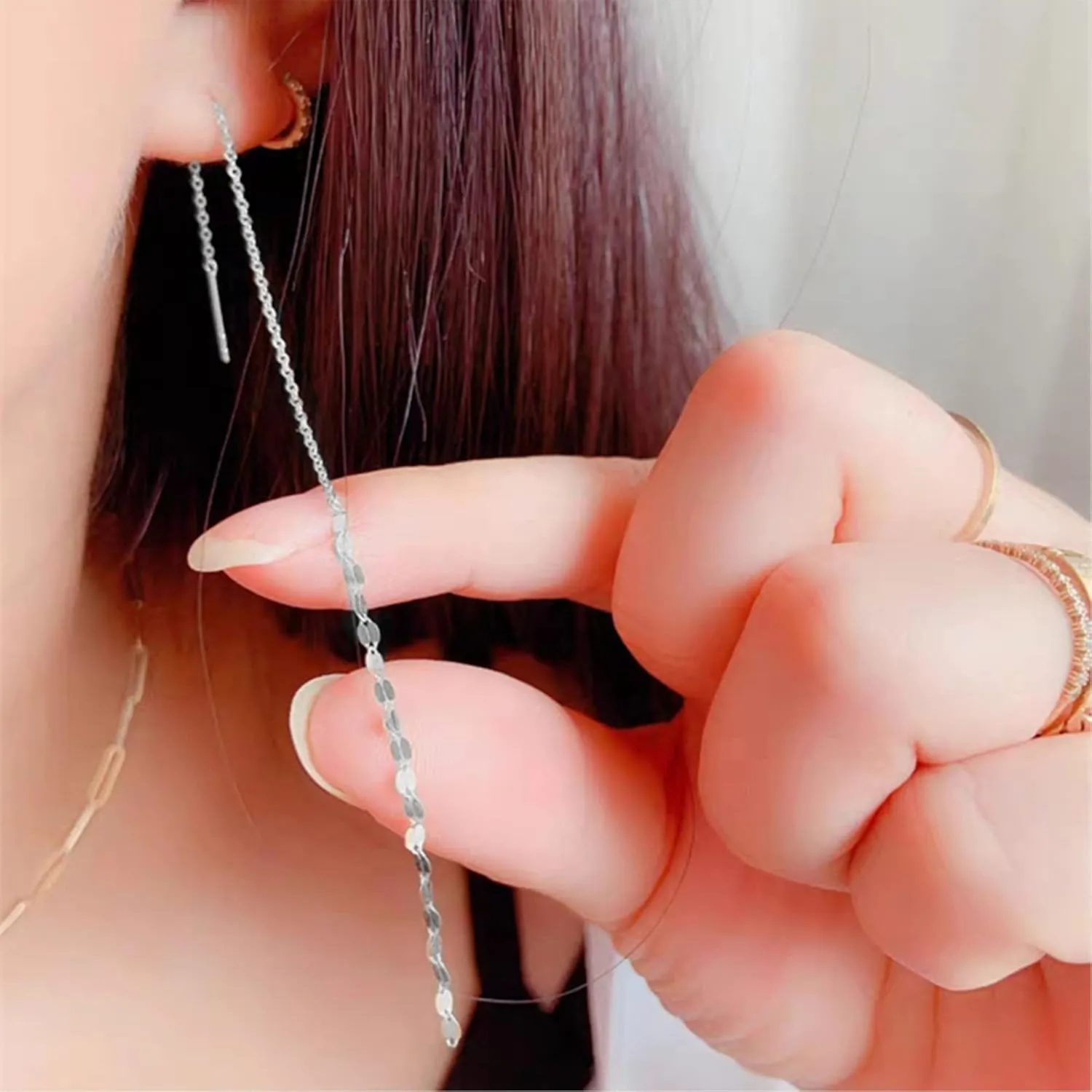 925 Sterling Silver Dangle Earrings for Women Plated 14K Gold Kiss Chain Tassel Earrings Long Drop Threader Fringe Earrings