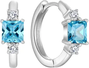 925 Sterling Silver Hoop Earrings for Women, 5x5MM Square Cut Birthstone Huggie Earrings, 18K White Gold Plated Jewelry for Women