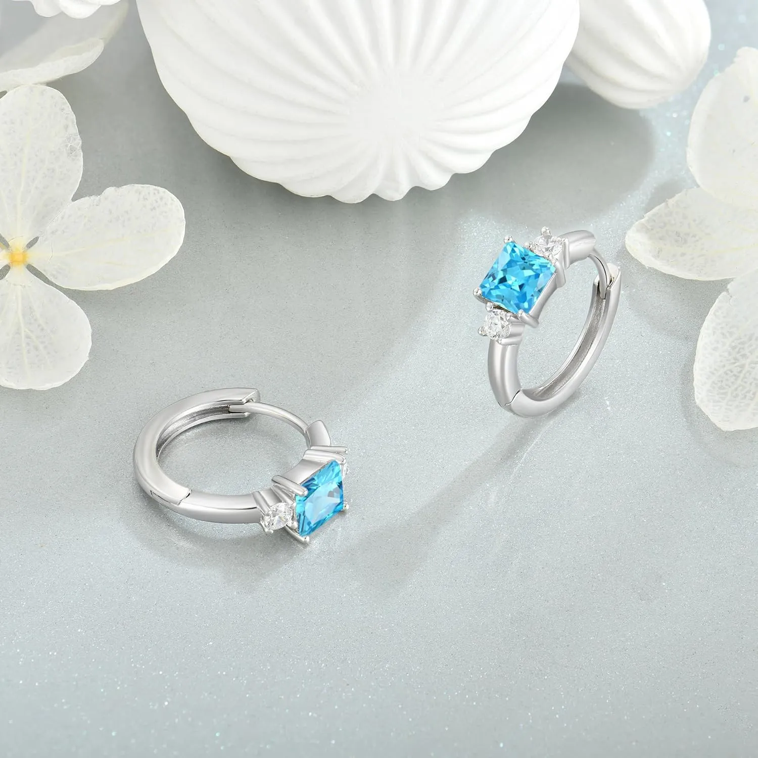 925 Sterling Silver Hoop Earrings for Women, 5x5MM Square Cut Birthstone Huggie Earrings, 18K White Gold Plated Jewelry for Women