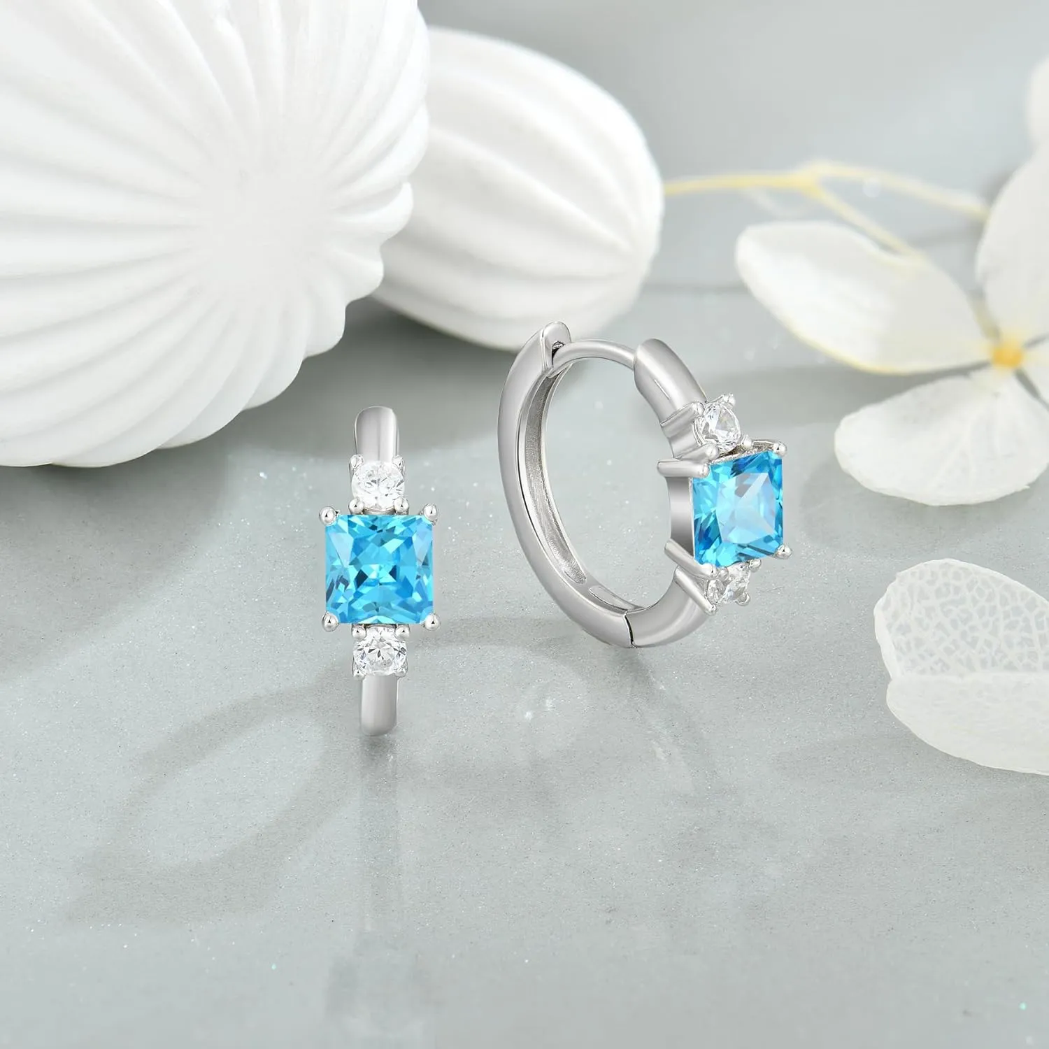 925 Sterling Silver Hoop Earrings for Women, 5x5MM Square Cut Birthstone Huggie Earrings, 18K White Gold Plated Jewelry for Women