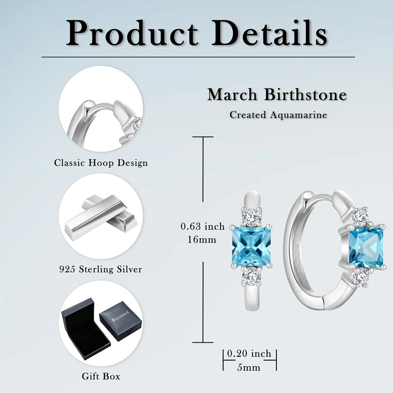 925 Sterling Silver Hoop Earrings for Women, 5x5MM Square Cut Birthstone Huggie Earrings, 18K White Gold Plated Jewelry for Women
