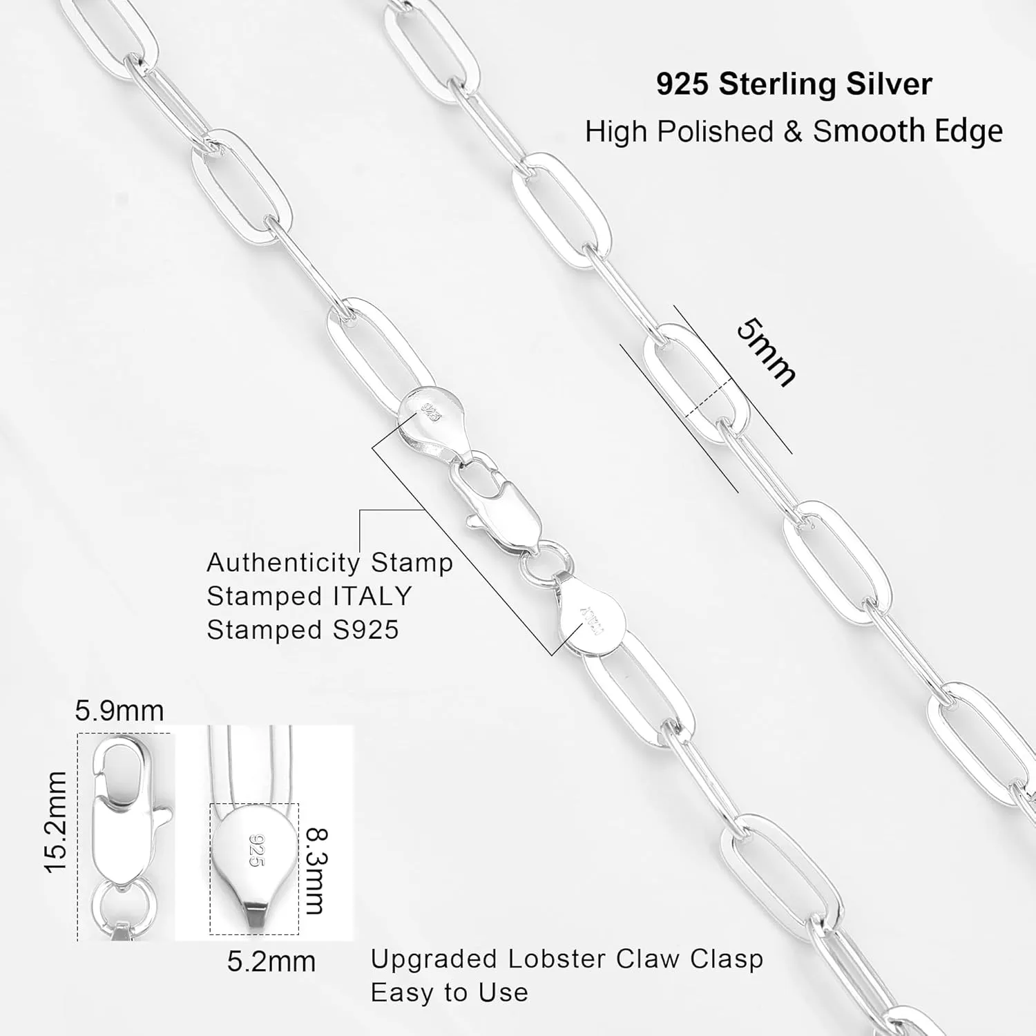 925 Sterling Silver Paperclip Lobster Clasp Chain 3mm 4mm 5mm 6mm 7mm Necklace for Women Men Diamond Cut Silver Necklace Chain 16-30 Inches