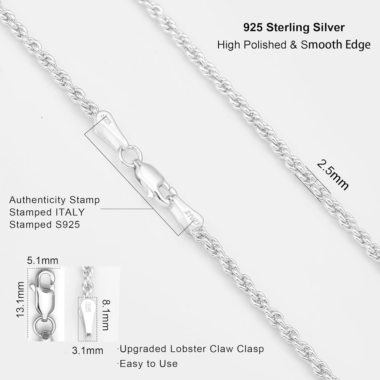 925 Sterling Silver Rope Chain Lobster Clasp 2.5mm Silver Chain for Men Women Silver Necklace Chain 16-30 Inches