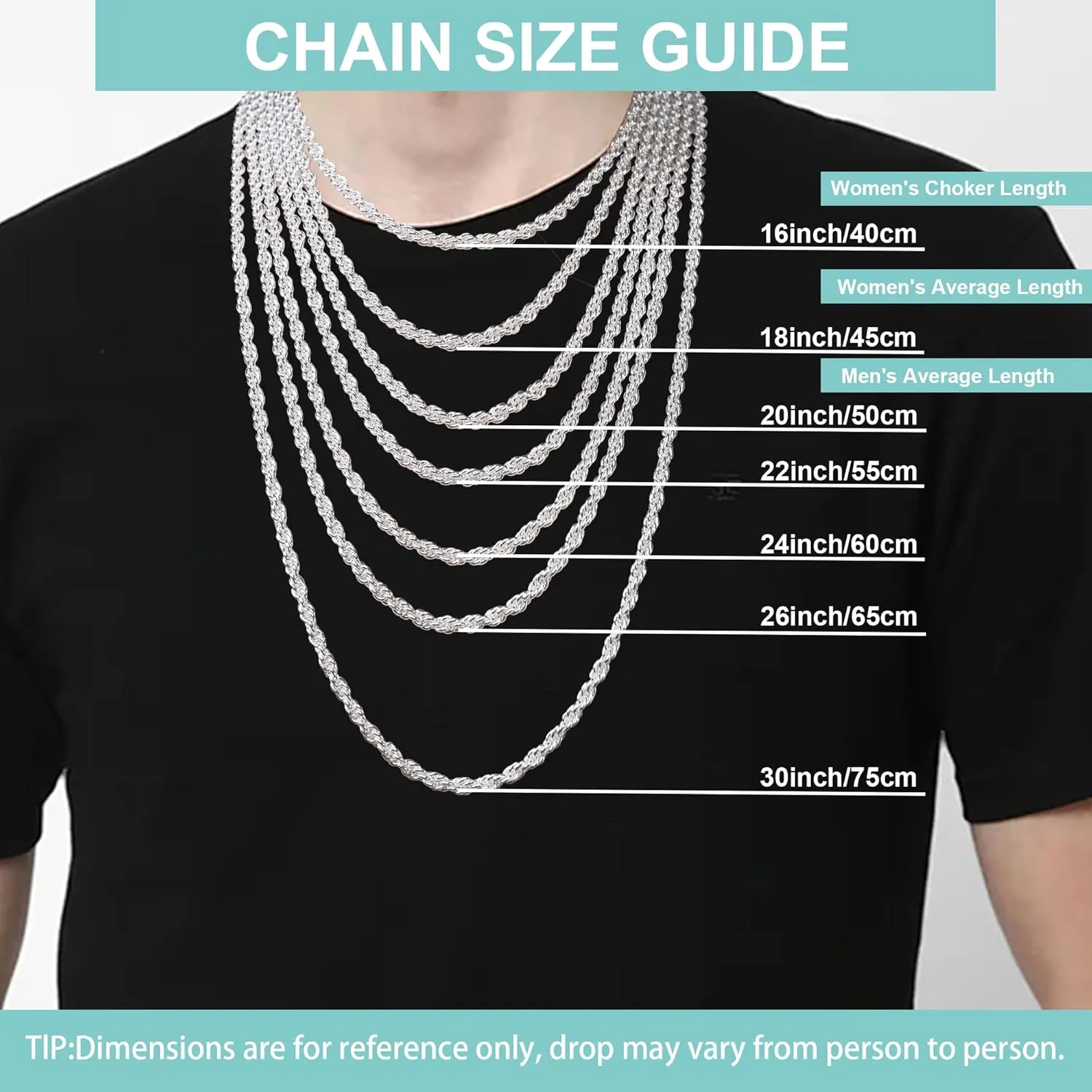 925 Sterling Silver Rope Chain Lobster Clasp 2.5mm Silver Chain for Men Women Silver Necklace Chain 16-30 Inches