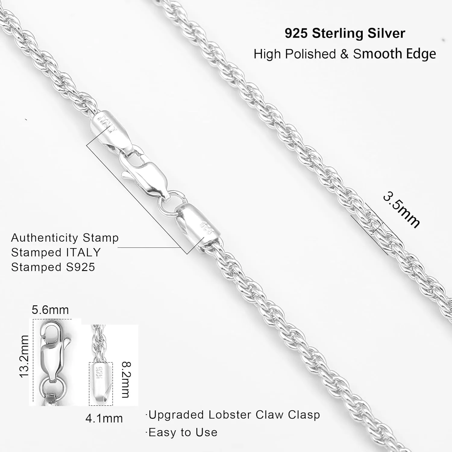 925 Sterling Silver Rope Chain Lobster Clasp 2.5mm Silver Chain for Men Women Silver Necklace Chain 16-30 Inches