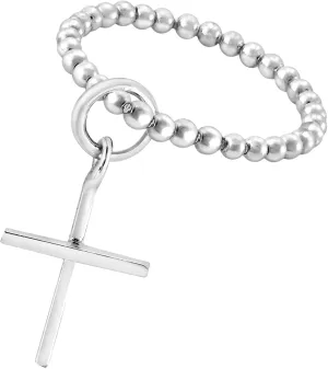 AeraVida Simply Faithful Dangle Little Cross Eternity Bead Ball .925 Sterling Silver Ring | Silver Bead Ball Ring | Little Cross Ring | Silver Unisex Ring | Comfort Fit USA Sizes 5-10