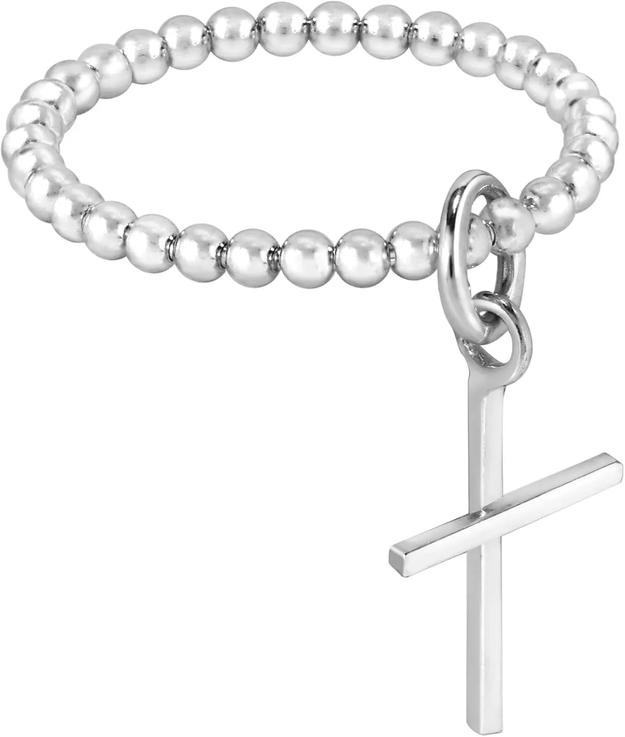 AeraVida Simply Faithful Dangle Little Cross Eternity Bead Ball .925 Sterling Silver Ring | Silver Bead Ball Ring | Little Cross Ring | Silver Unisex Ring | Comfort Fit USA Sizes 5-10