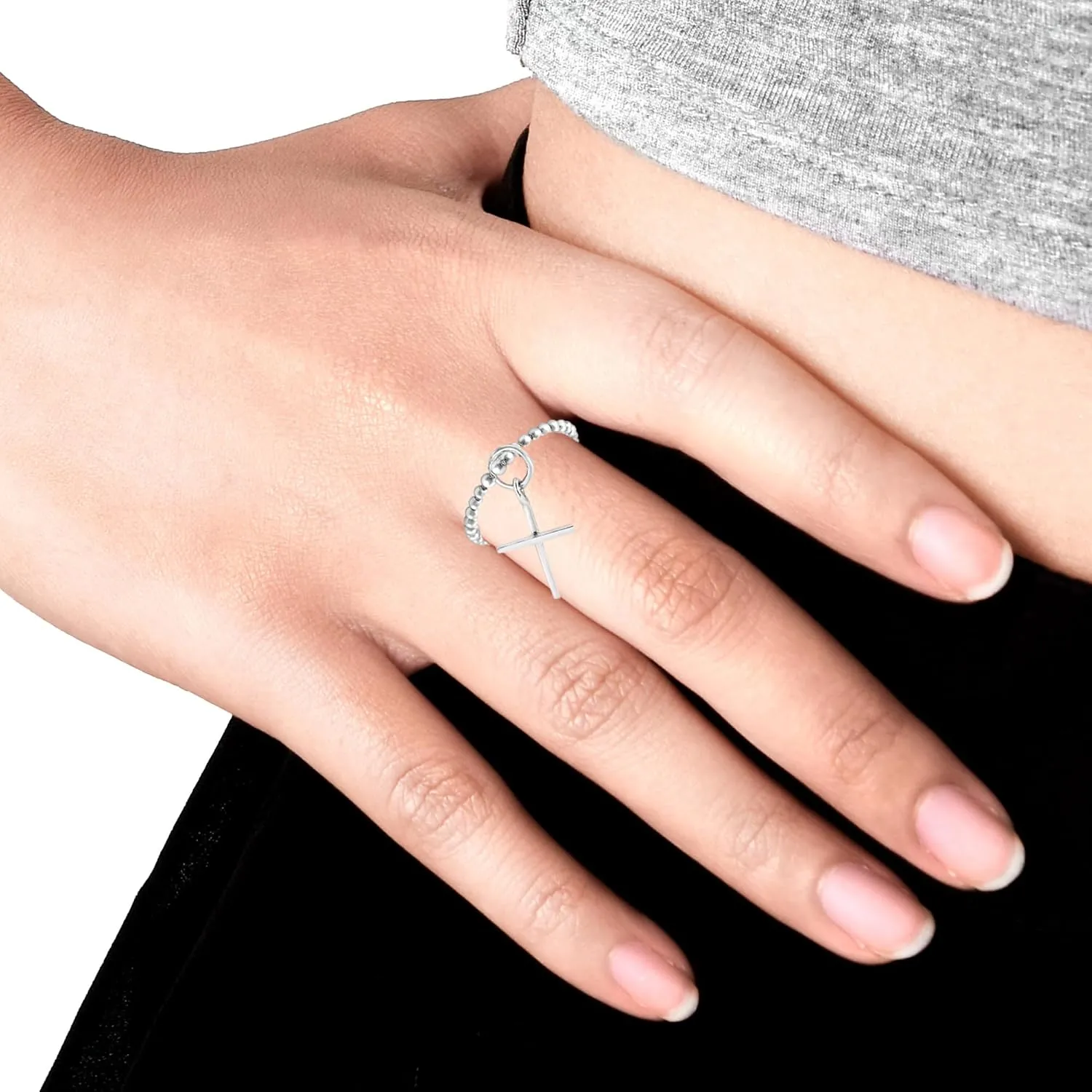 AeraVida Simply Faithful Dangle Little Cross Eternity Bead Ball .925 Sterling Silver Ring | Silver Bead Ball Ring | Little Cross Ring | Silver Unisex Ring | Comfort Fit USA Sizes 5-10