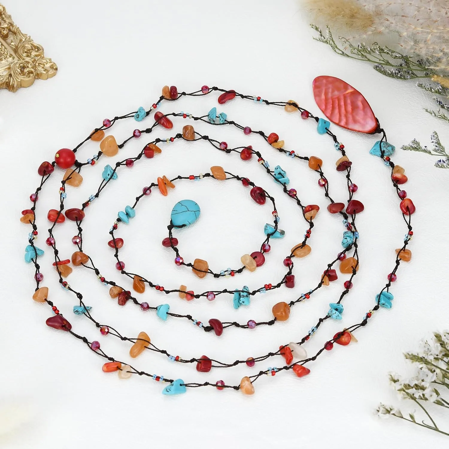AeraVida Trendy Wrap Around Layers of Mixed Stones on Cotton Rope Lariat Style Beaded Long Necklace