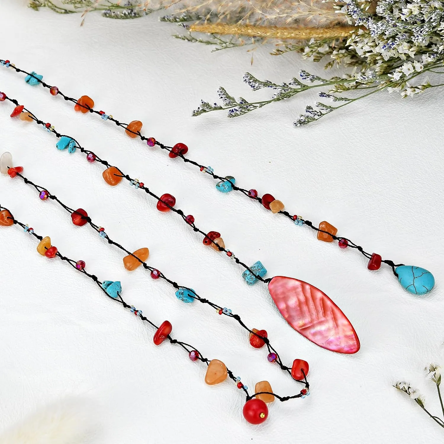 AeraVida Trendy Wrap Around Layers of Mixed Stones on Cotton Rope Lariat Style Beaded Long Necklace