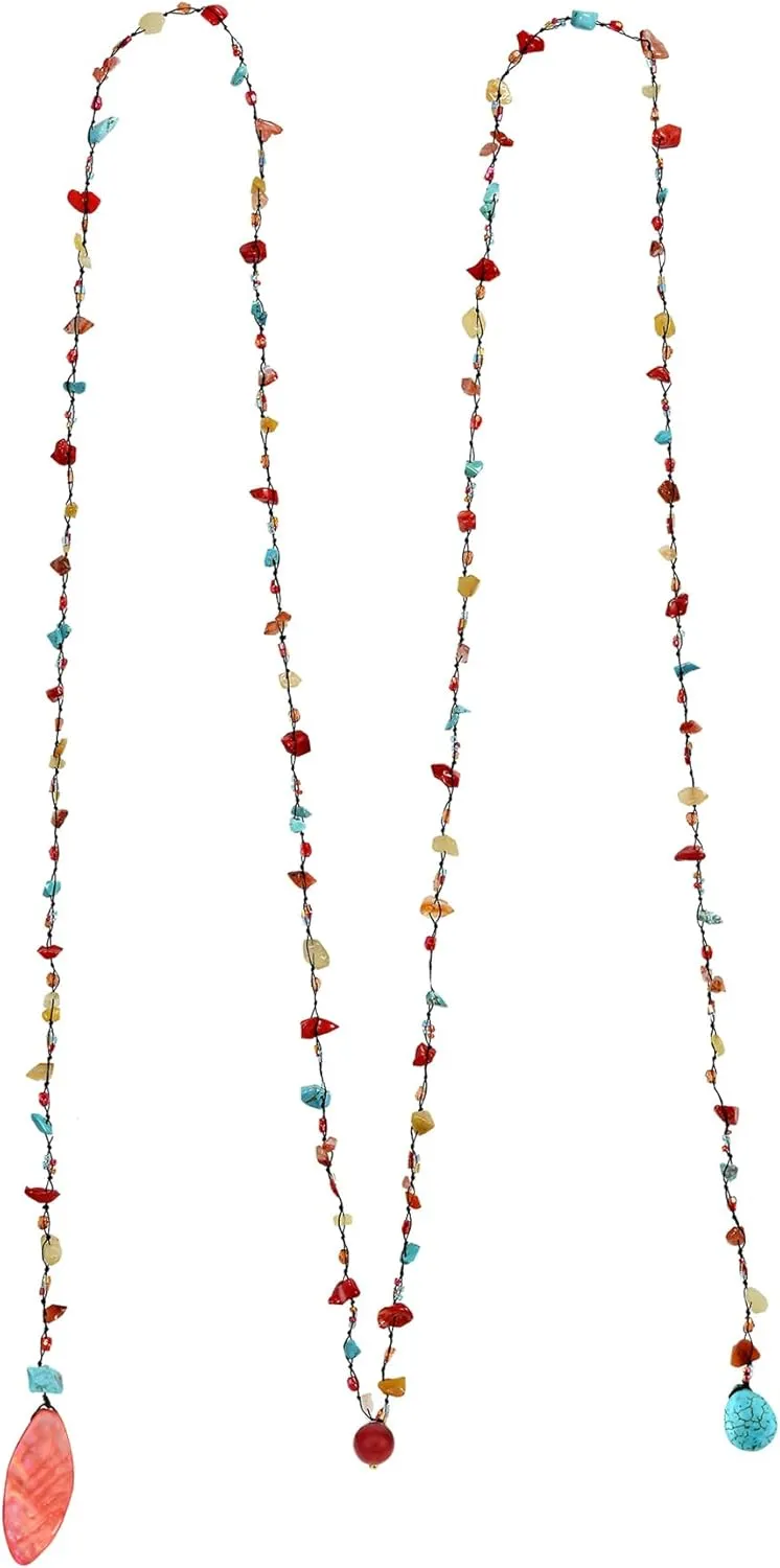 AeraVida Trendy Wrap Around Layers of Mixed Stones on Cotton Rope Lariat Style Beaded Long Necklace