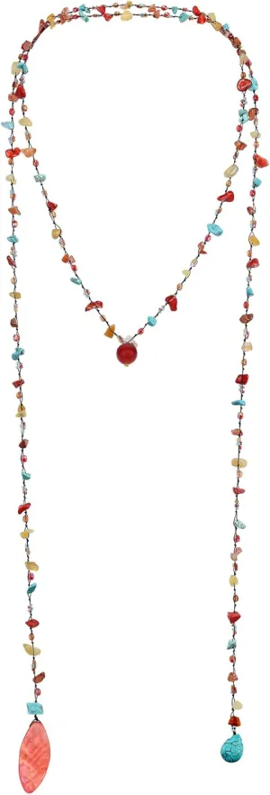 AeraVida Trendy Wrap Around Layers of Mixed Stones on Cotton Rope Lariat Style Beaded Long Necklace