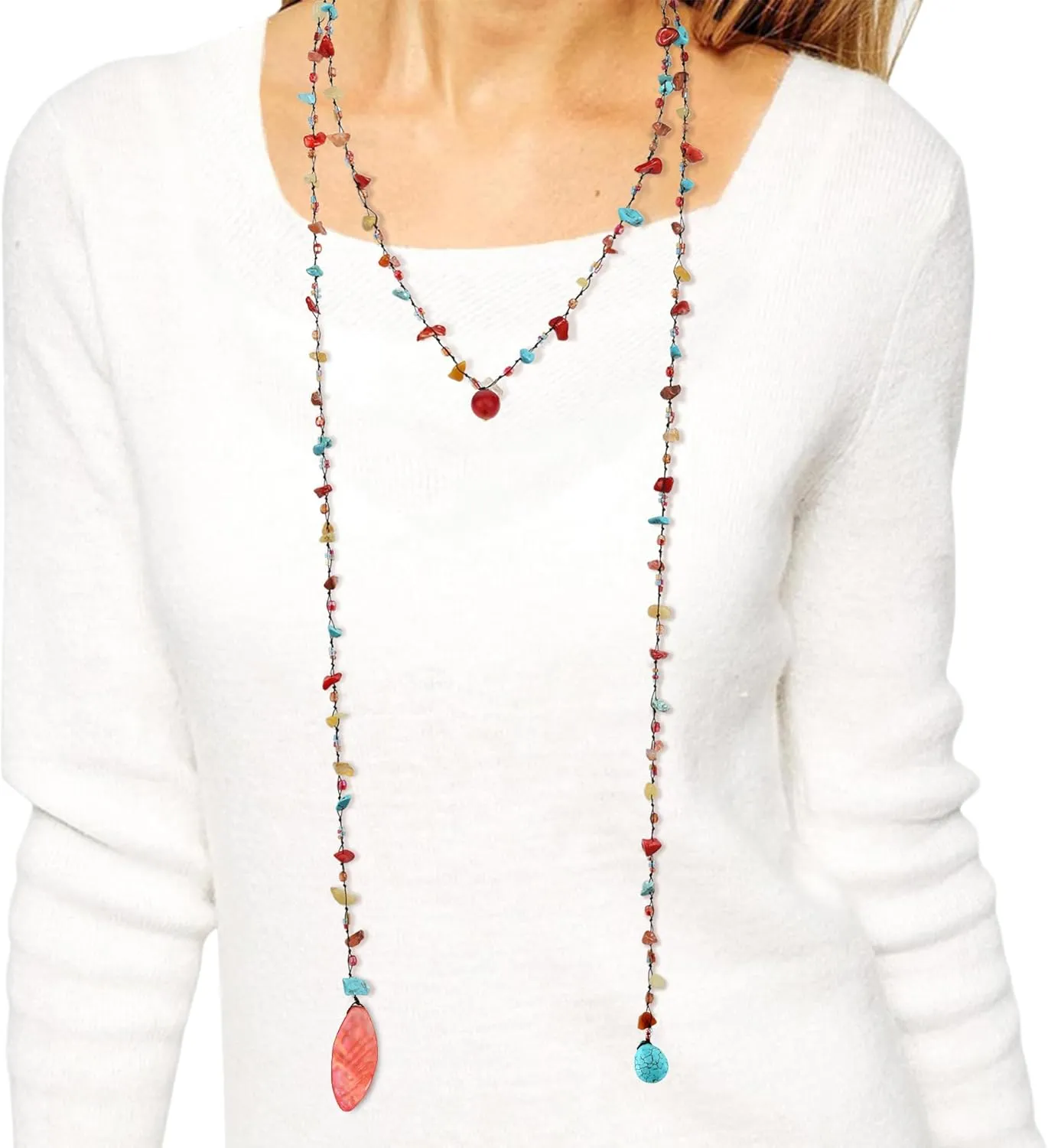 AeraVida Trendy Wrap Around Layers of Mixed Stones on Cotton Rope Lariat Style Beaded Long Necklace
