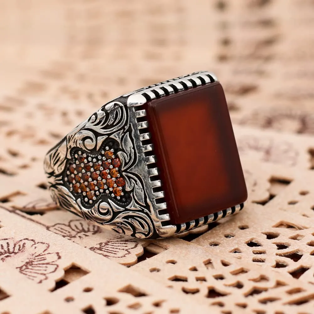 Agate Aqeeq Men Ring, Pure 925 Sterling Silver, Gemstone Jewelry, Personalized Anniversary, Gift For Him (9.5)