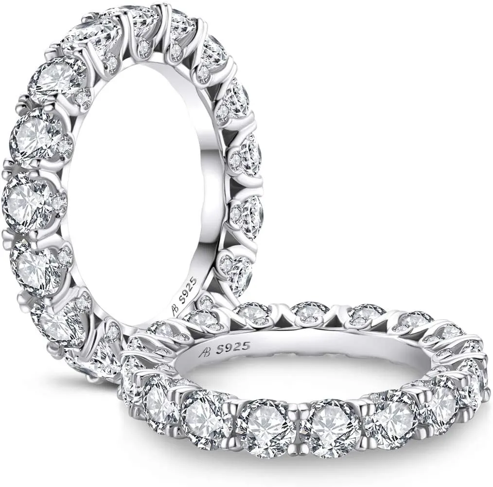 AINUOSHI Eternity Band, 925 Sterling Silver Ring for Women, Round/Emerald/Heart Cut Cubic Zirconia, Engagement Wedding Band Ring, Jewelry Box Packed