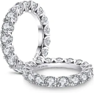 AINUOSHI Eternity Band, 925 Sterling Silver Ring for Women, Round/Emerald/Heart Cut Cubic Zirconia, Engagement Wedding Band Ring, Jewelry Box Packed