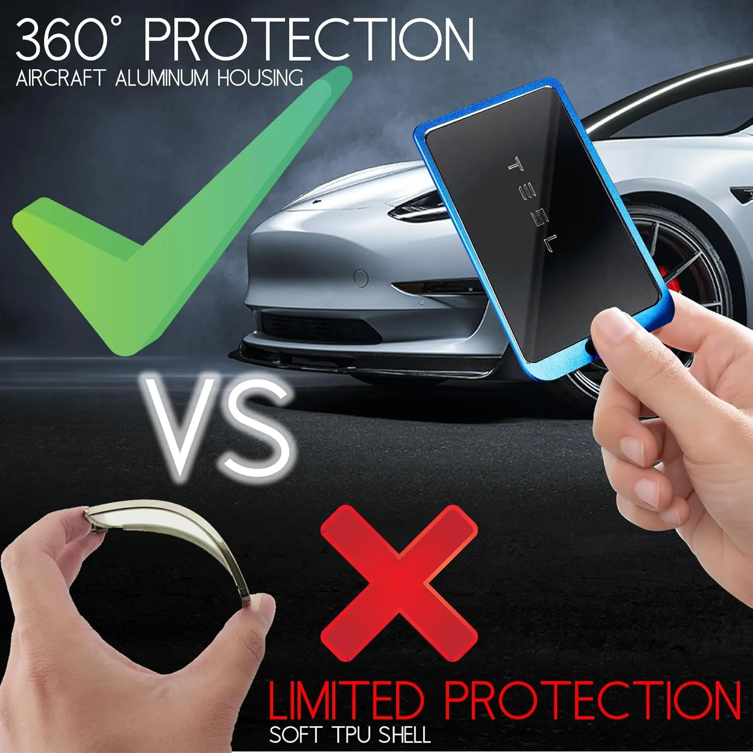 Aluminum Key Card Holder for Tesla Model Y 3 S X Cybertruck Tesla Accessories with Leather Strap Keychain Key Rings Plastic Key Card Protective Case Cover (Silver)