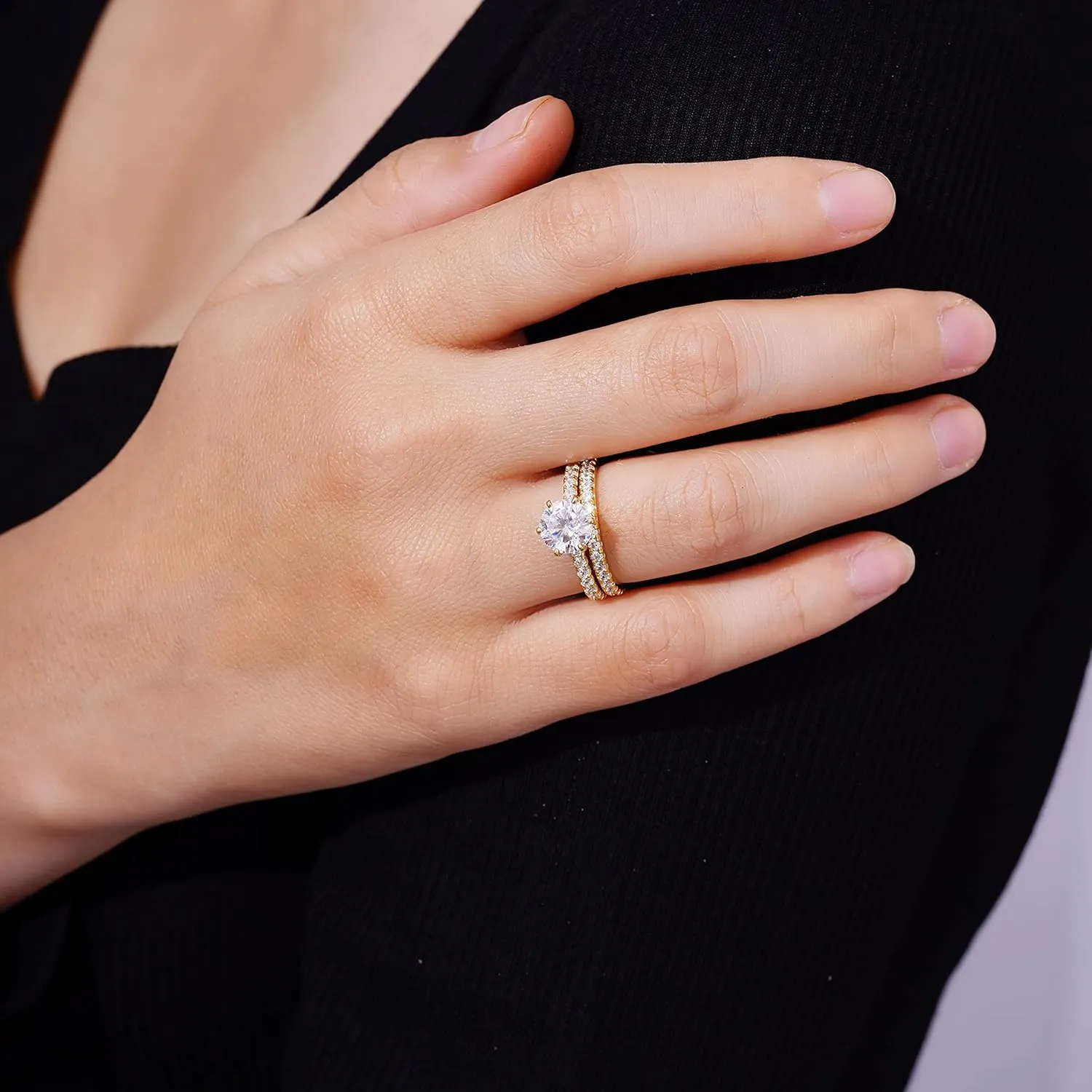Amazon Essentials Platinum or Gold Plated Sterling Silver Wedding Set Rings set with Round Cut Infinite Elements Cubic Zirconia (previously Amazon Collection)