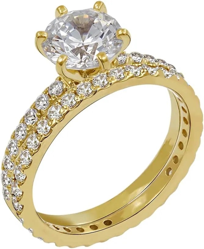 Amazon Essentials Platinum or Gold Plated Sterling Silver Wedding Set Rings set with Round Cut Infinite Elements Cubic Zirconia (previously Amazon Collection)