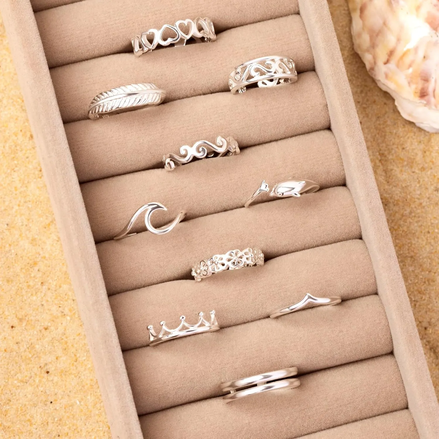 Amberta Adjustable 925 Sterling Silver Toe Ring for Women | Wave Hearts Flower Dolphin Crown Leaf Boho Foot Jewelry