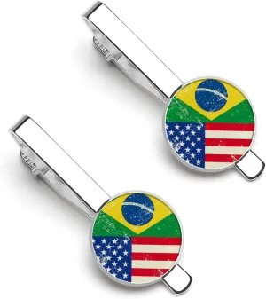American And Brazil Flag Tie Clips for Men Silver Necktie Tie Bar Pinch Clips for Wedding Anniversary Business