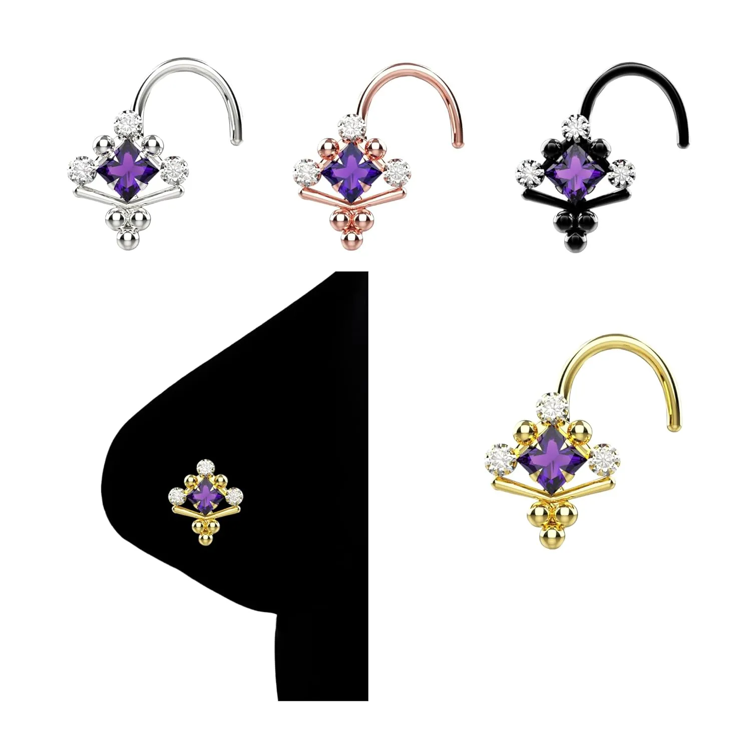 Amethyst Gems Nose Ring 925 Sterling Silver L Shape Nose Ring Nose Piercing Nose Jewelry
