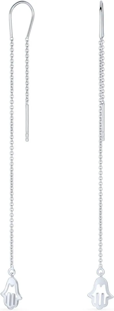Amulet Talisman Hamsa Hand Of God Symbol Spiritual Thin Long Chain Threader Earrings For Women Teen .925 Sterling Silver U Stabilizer