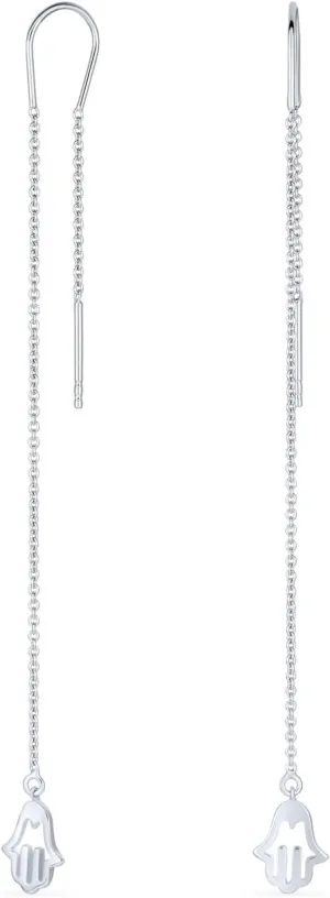 Amulet Talisman Hamsa Hand Of God Symbol Spiritual Thin Long Chain Threader Earrings For Women Teen .925 Sterling Silver U Stabilizer