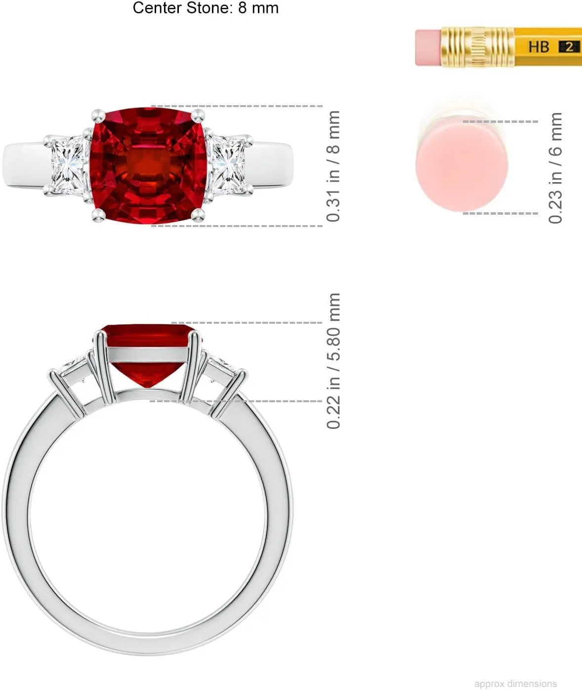 Angara Classic Cushion Lab Grown Ruby and Trapezoid Diamond Three Stone Engagement Ring in 14K Solid Gold/Platinum | July Birthstone, Birthday, Anniversary, Wedding Jewelry Gift for Women