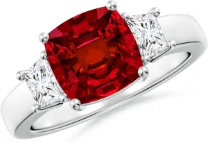 Angara Classic Cushion Lab Grown Ruby and Trapezoid Diamond Three Stone Engagement Ring in 14K Solid Gold/Platinum | July Birthstone, Birthday, Anniversary, Wedding Jewelry Gift for Women