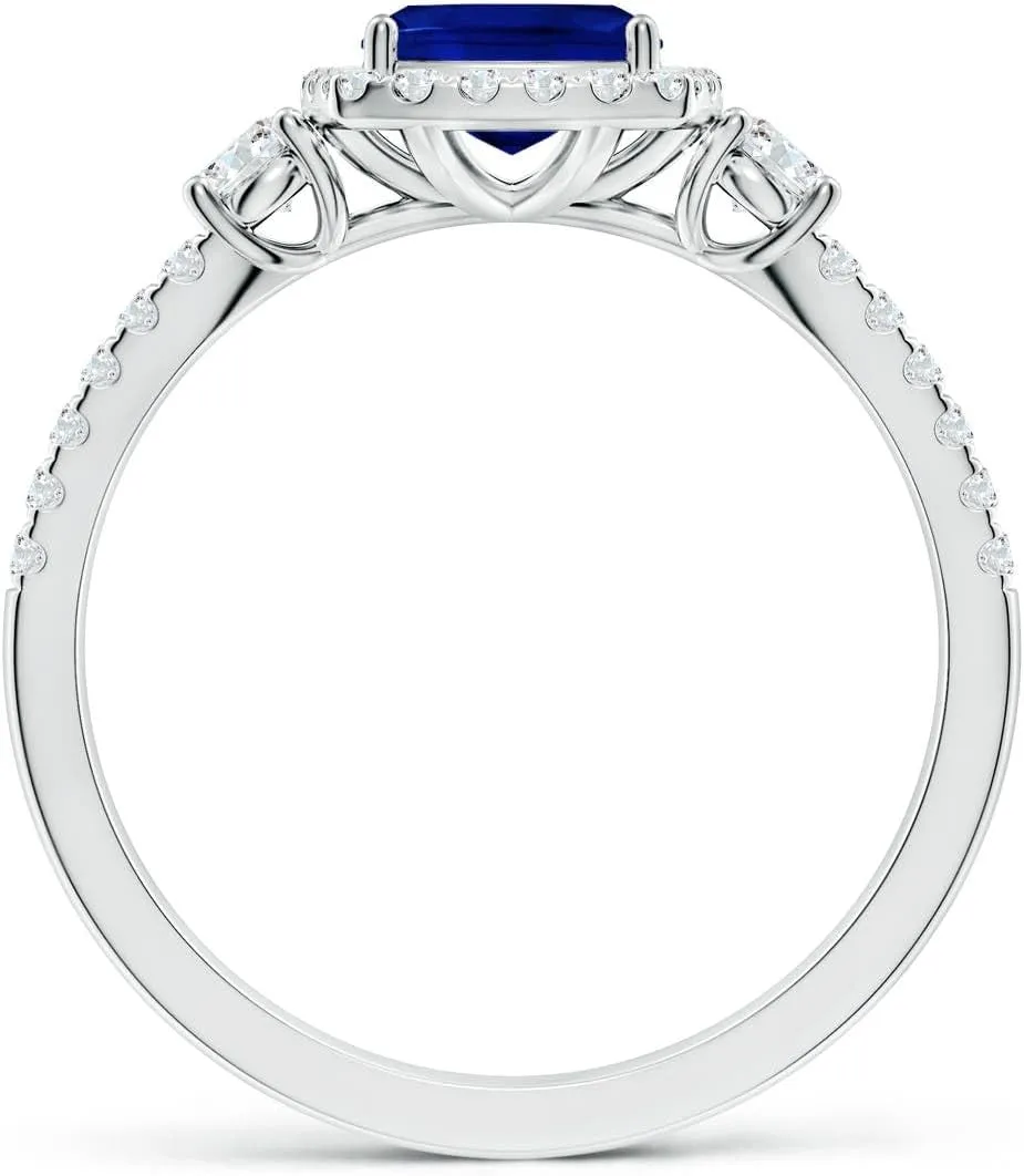 Angara Cushion Lab Grown Blue Sapphire Halo Double Shank Engagement Ring in 14K Solid Gold/Platinum | September Birthstone, Birthday, Anniversary, Wedding Jewelry Gift for Women