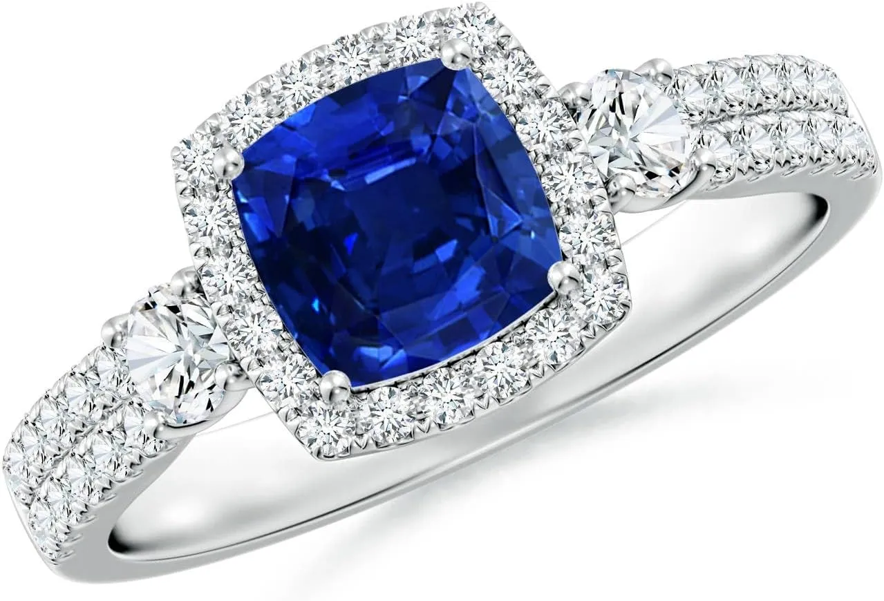 Angara Cushion Lab Grown Blue Sapphire Halo Double Shank Engagement Ring in 14K Solid Gold/Platinum | September Birthstone, Birthday, Anniversary, Wedding Jewelry Gift for Women