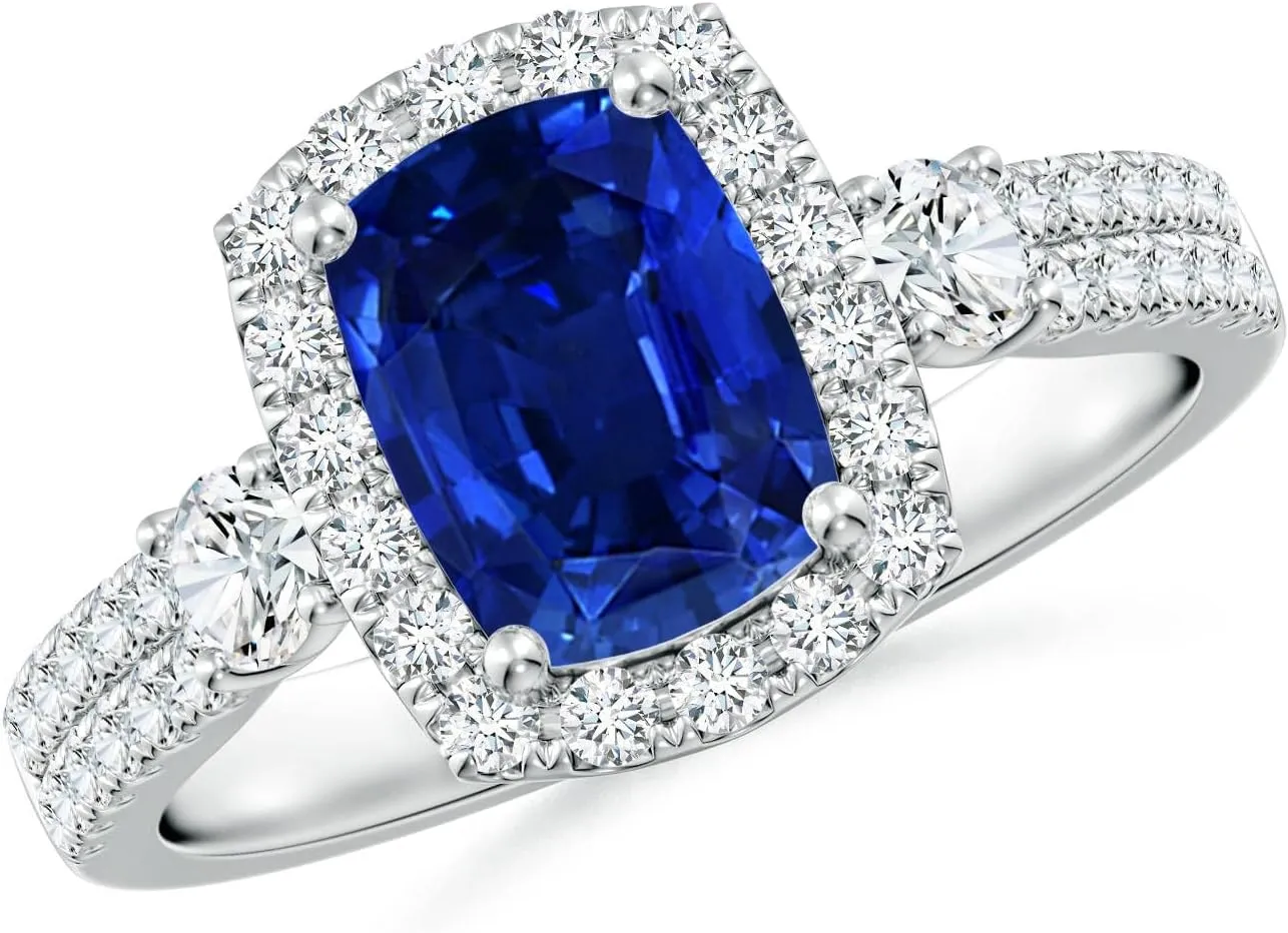 Angara Cushion Rectangular Lab Grown Blue Sapphire Halo Double Shank Engagement Ring in 14K Solid Gold/Platinum | September Birthstone, Birthday, Anniversary, Wedding Jewelry Gift for Women
