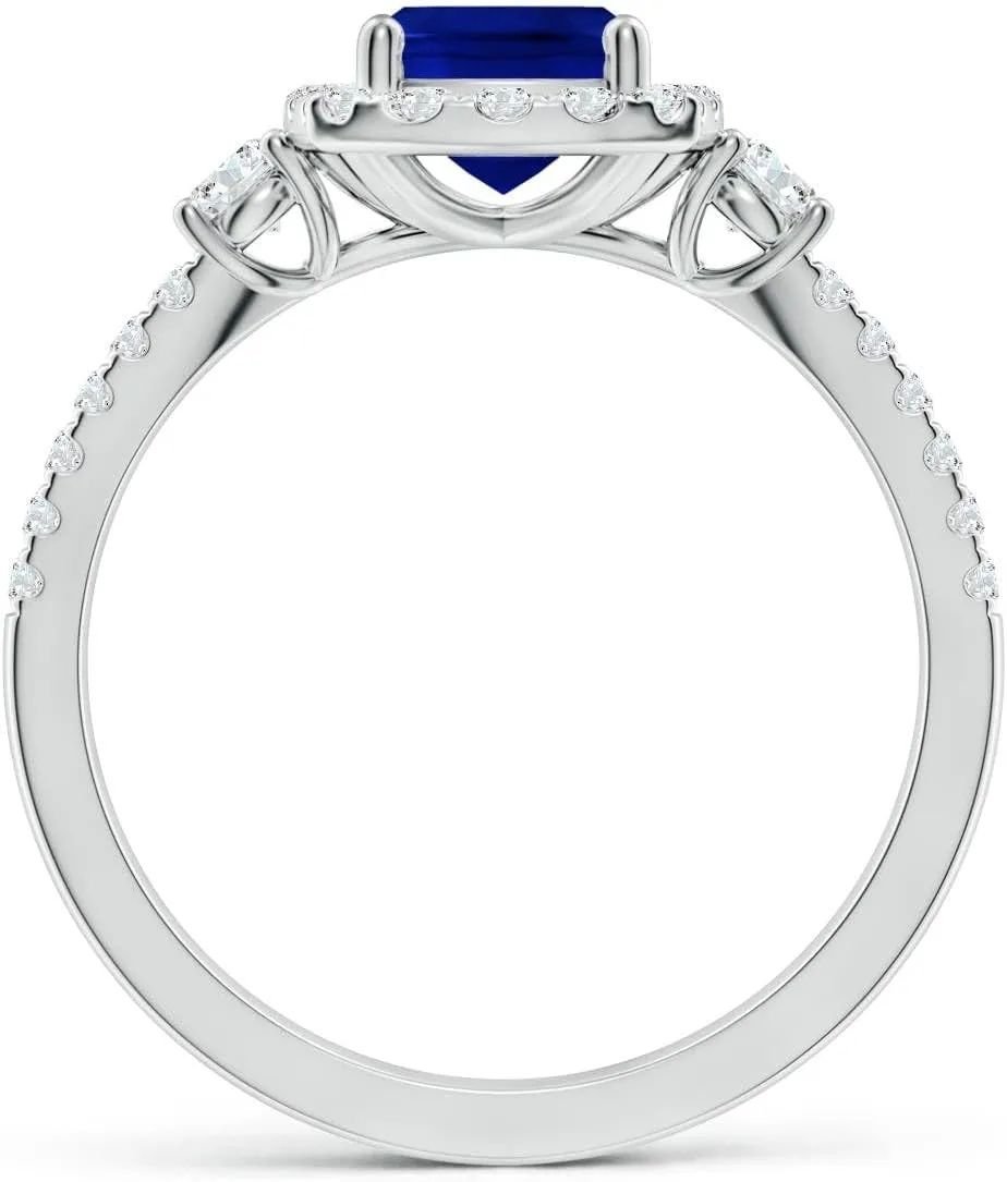 Angara Cushion Rectangular Lab Grown Blue Sapphire Halo Double Shank Engagement Ring in 14K Solid Gold/Platinum | September Birthstone, Birthday, Anniversary, Wedding Jewelry Gift for Women