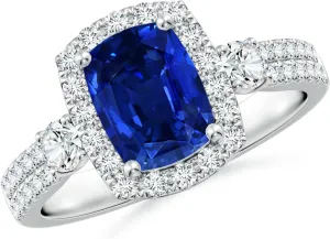 Angara Cushion Rectangular Lab Grown Blue Sapphire Halo Double Shank Engagement Ring in 14K Solid Gold/Platinum | September Birthstone, Birthday, Anniversary, Wedding Jewelry Gift for Women