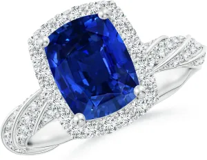 Angara Cushion Rectangular Lab Grown Blue Sapphire Halo Twisted Rope Shank Engagement Ring in 14K Solid Gold/Platinum | September Birthstone, Birthday, Anniversary, Wedding Jewelry Gift for Women