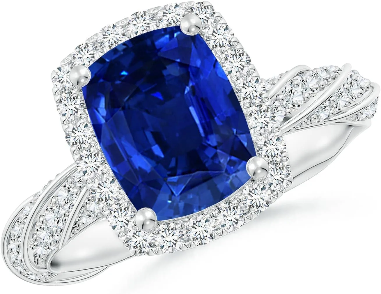 Angara Cushion Rectangular Lab Grown Blue Sapphire Halo Twisted Rope Shank Engagement Ring in 14K Solid Gold/Platinum | September Birthstone, Birthday, Anniversary, Wedding Jewelry Gift for Women
