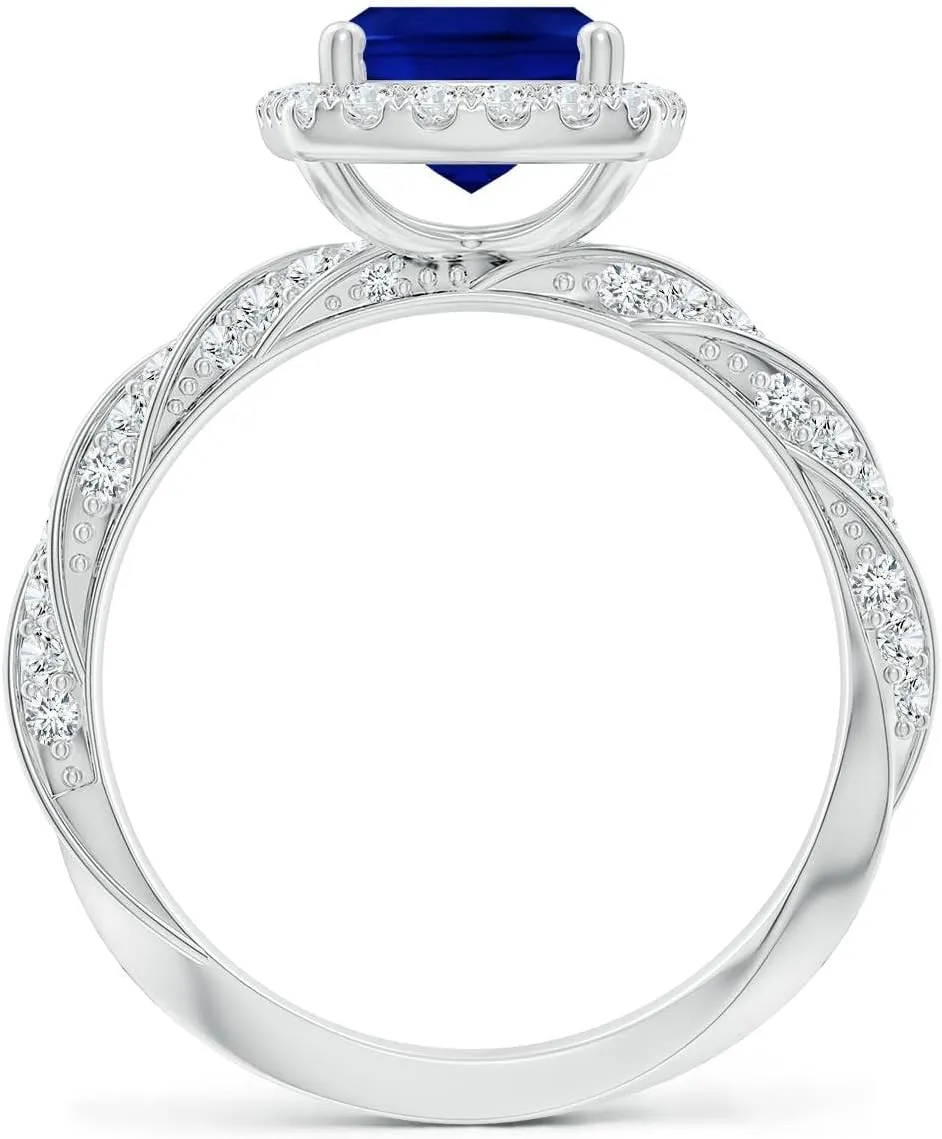 Angara Cushion Rectangular Lab Grown Blue Sapphire Halo Twisted Rope Shank Engagement Ring in 14K Solid Gold/Platinum | September Birthstone, Birthday, Anniversary, Wedding Jewelry Gift for Women