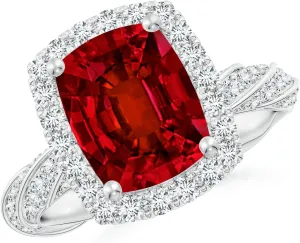 Angara Cushion Rectangular Lab Grown Ruby Halo Twisted Rope Shank Engagement Ring in 14K Solid Gold/Platinum | July Birthstone, Birthday, Anniversary, Wedding Jewelry Gift for Women