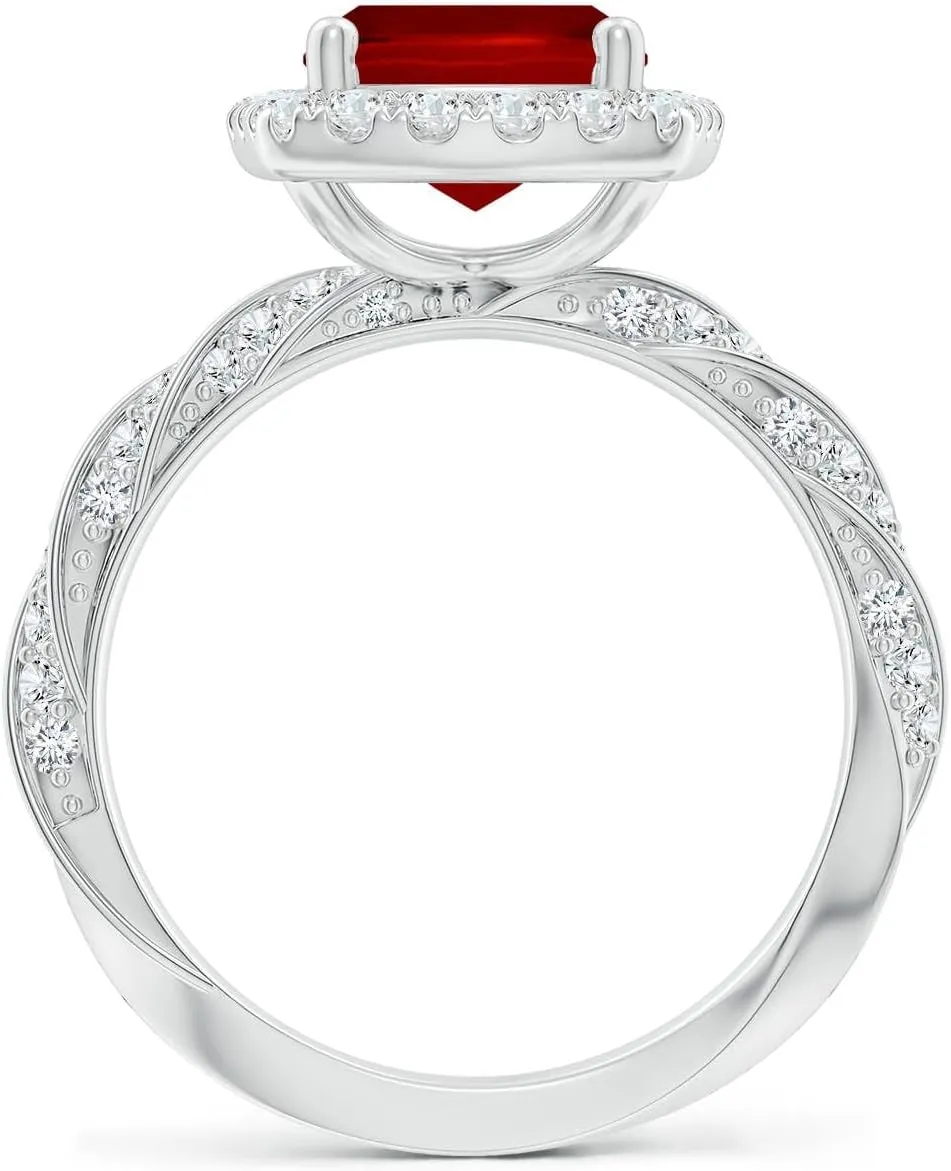 Angara Cushion Rectangular Lab Grown Ruby Halo Twisted Rope Shank Engagement Ring in 14K Solid Gold/Platinum | July Birthstone, Birthday, Anniversary, Wedding Jewelry Gift for Women