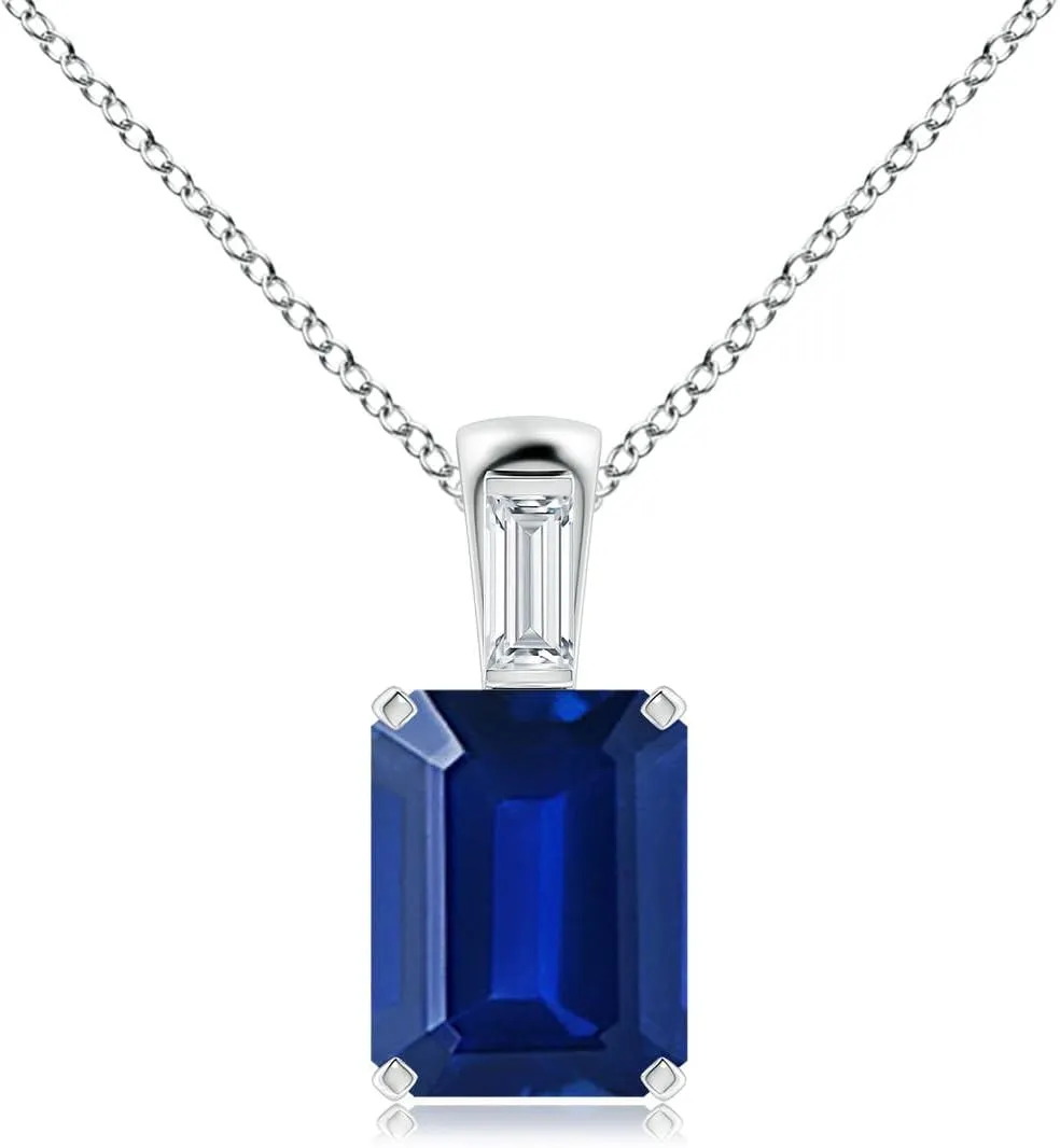 Angara Emerald-Cut Lab Grown Blue Sapphire Pendant with Baguette Diamond in 14K Solid Gold/Platinum | September Birthstone, Birthday, Engagement, Anniversary, Wedding Jewelry Gift for Women