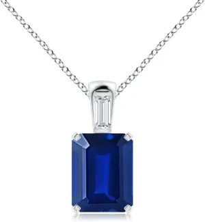 Angara Emerald-Cut Lab Grown Blue Sapphire Pendant with Baguette Diamond in 14K Solid Gold/Platinum | September Birthstone, Birthday, Engagement, Anniversary, Wedding Jewelry Gift for Women