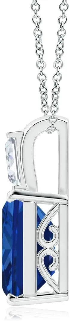 Angara Emerald-Cut Lab Grown Blue Sapphire Pendant with Baguette Diamond in 14K Solid Gold/Platinum | September Birthstone, Birthday, Engagement, Anniversary, Wedding Jewelry Gift for Women