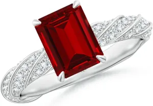 Angara Emerald-Cut Lab Grown Ruby Twisted Rope Shank Engagement Ring in 14K Solid Gold/Platinum | July Birthstone, Birthday, Anniversary, Wedding Jewelry Gift for Women
