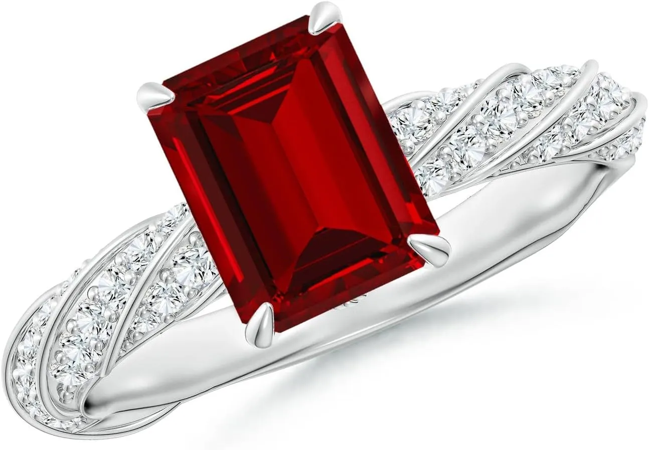 Angara Emerald-Cut Lab Grown Ruby Twisted Rope Shank Engagement Ring in 14K Solid Gold/Platinum | July Birthstone, Birthday, Anniversary, Wedding Jewelry Gift for Women
