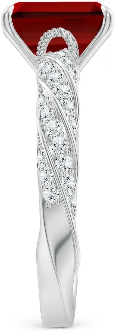Angara Emerald-Cut Lab Grown Ruby Twisted Rope Shank Engagement Ring in 14K Solid Gold/Platinum | July Birthstone, Birthday, Anniversary, Wedding Jewelry Gift for Women