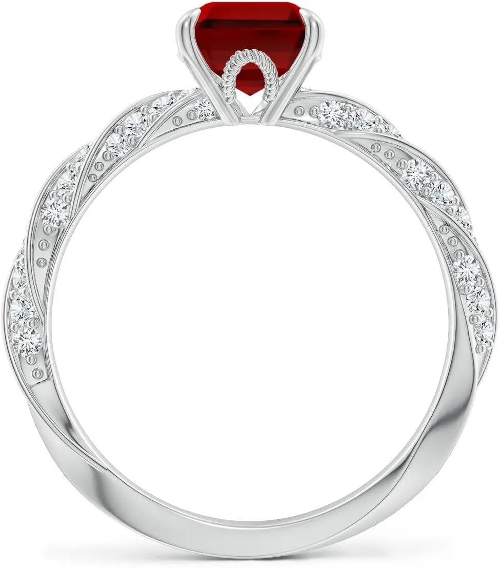 Angara Emerald-Cut Lab Grown Ruby Twisted Rope Shank Engagement Ring in 14K Solid Gold/Platinum | July Birthstone, Birthday, Anniversary, Wedding Jewelry Gift for Women