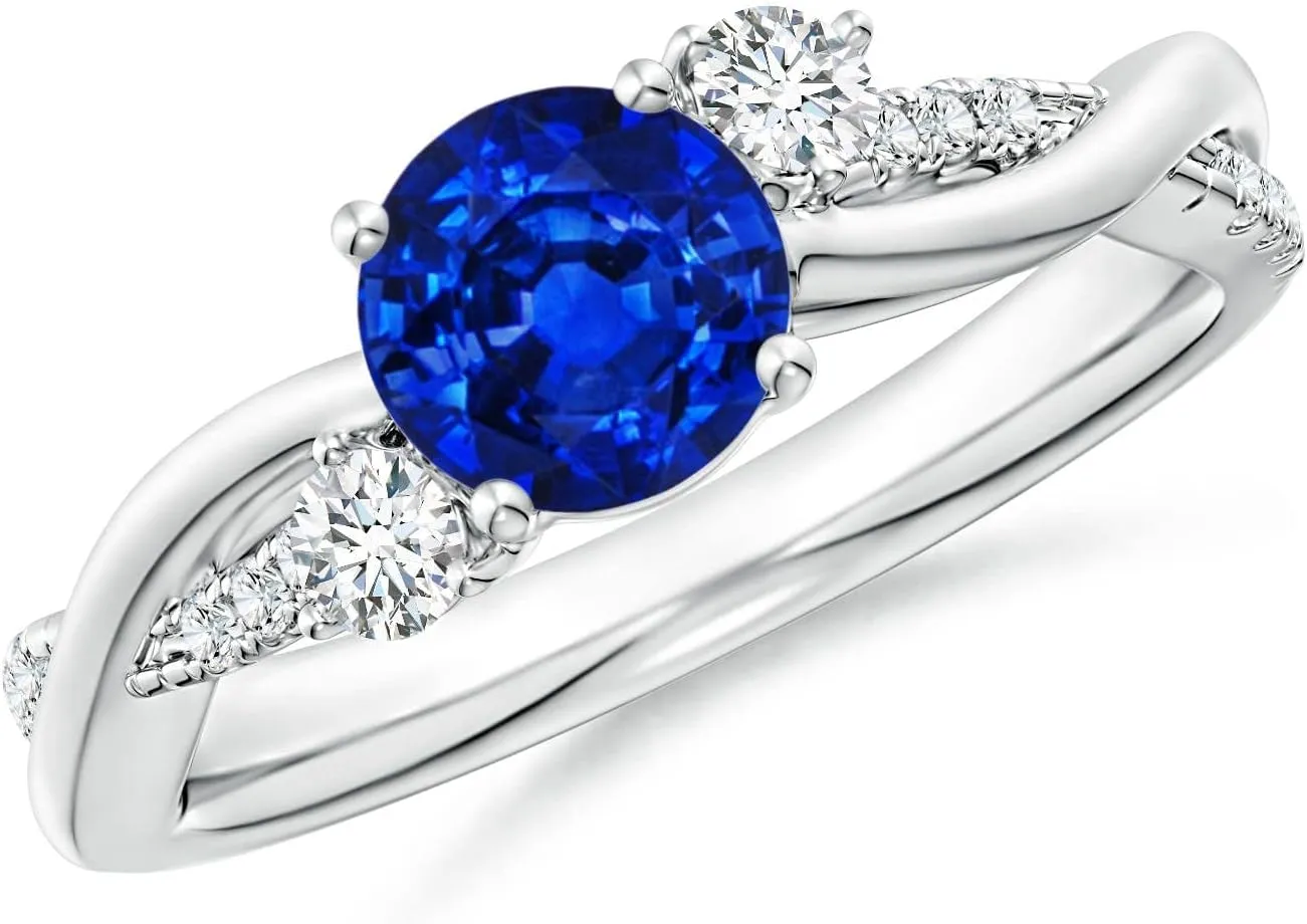 Angara Lab Grown Blue Sapphire & Lab Diamond Twisted Vine Ring in 14K Solid Gold/Platinum | September Birthstone, Birthday, Engagement, Anniversary, Wedding Jewelry Gift for Women
