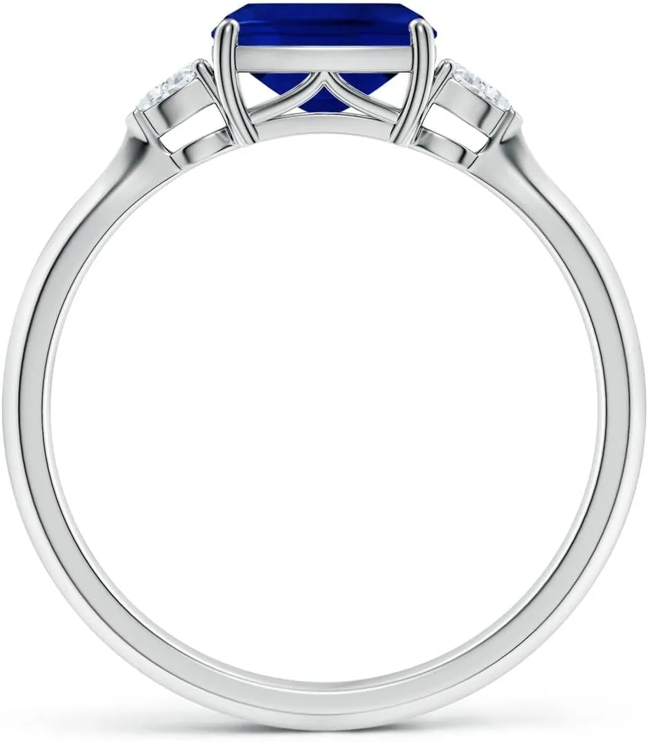 Angara Lab Grown Classic East-West Cushion Rectangular Blue Sapphire Side Stone Engagement Ring in 14K Solid Gold/Platinum | September Birthstone, Birthday, Anniversary Jewelry Gift for Women