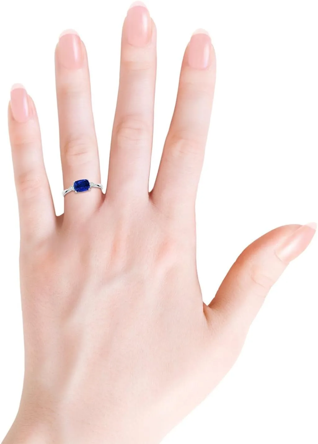 Angara Lab Grown Classic East-West Cushion Rectangular Blue Sapphire Side Stone Engagement Ring in 14K Solid Gold/Platinum | September Birthstone, Birthday, Anniversary Jewelry Gift for Women